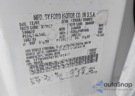 2002 Ford F-150 Lariat/Xlt z USA, uszkodzony, nr VIN 1FTRW07672KB51442